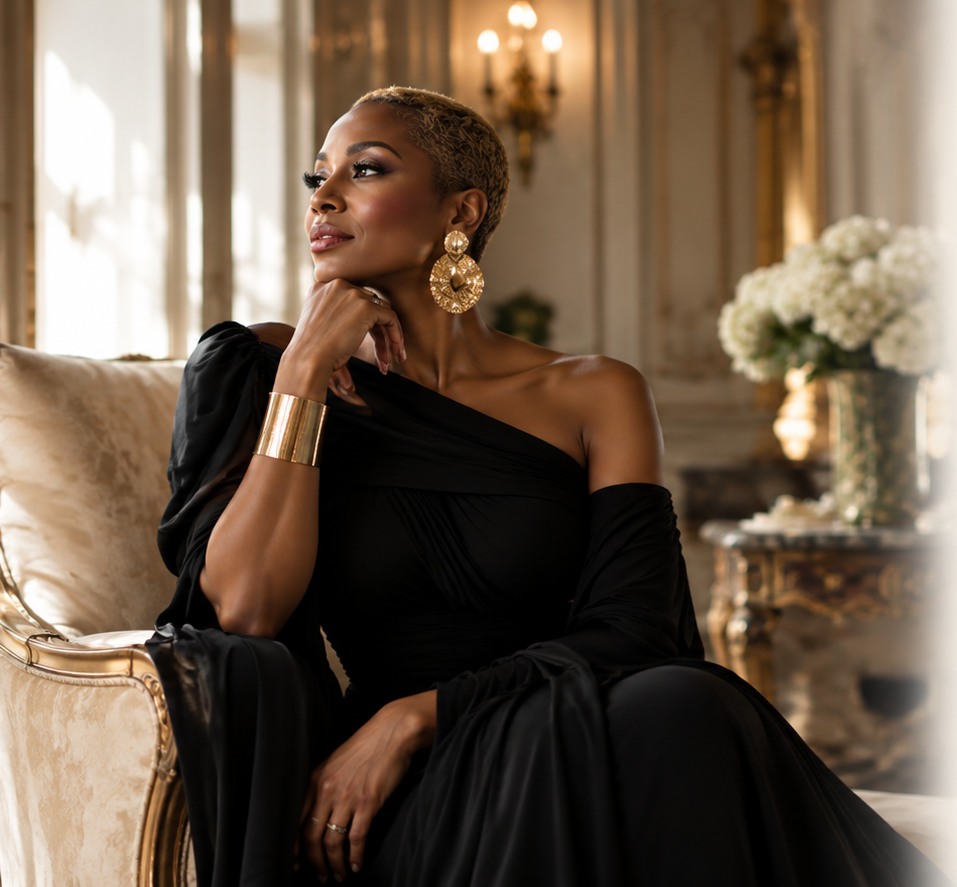 Conceptual editorial portrait of a woman in an elegant black gown in a luxurious interior